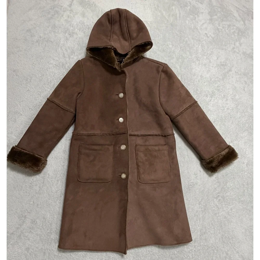 GAP Faux Shearling Hooded Coat Kids Size M 7-8 Brown Winter Jacket Faux Suede